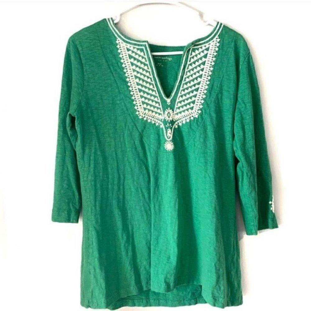Soft Surroundings Green Embroidered Peasant Blouse Boho Chic, 100% Cotton Small